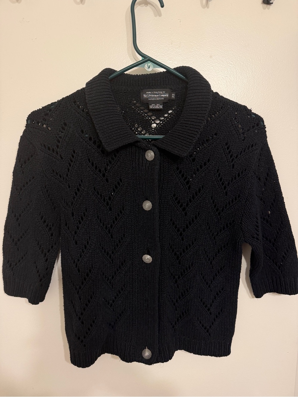 The J. Peterman Company Black 100% Silk crocheted Button Down Sweater sz XS